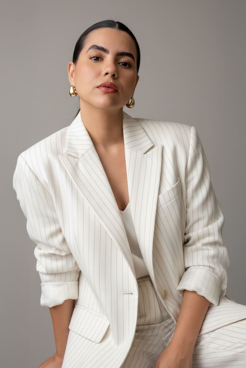 Bruna Mary de terno branco risca de giz